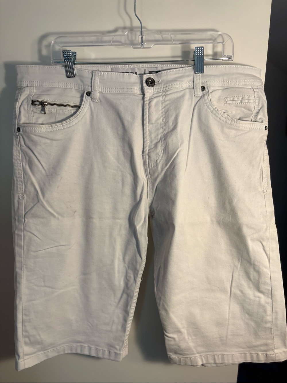 Men's White Denim Jean Shorts with Zip Accent